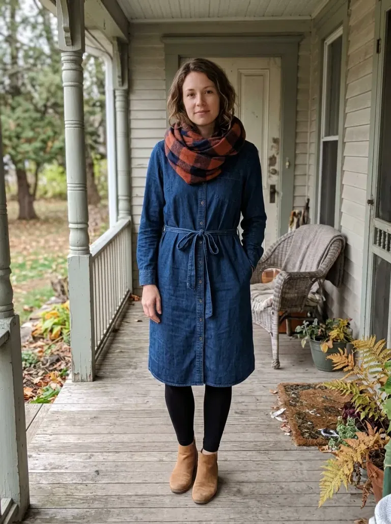 Plaid Scarf with a Denim Shirt Dress
