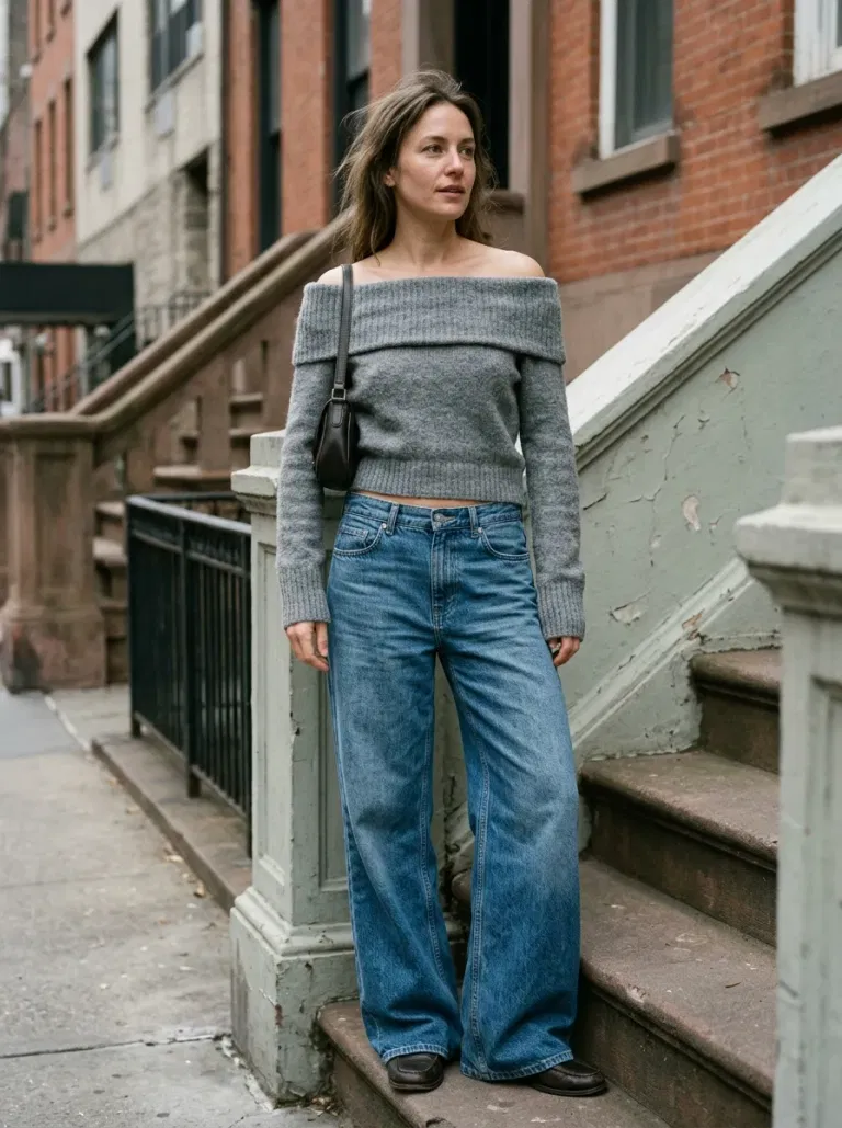 Grey Off-The-Shoulder Cropped Sweater with Mid-Wash Wide-Leg Jeans