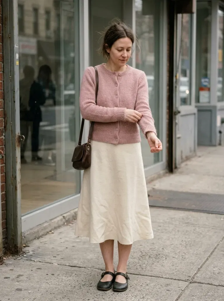Dusty-Pink Cardigan with Cream Wool A-Line Skirt