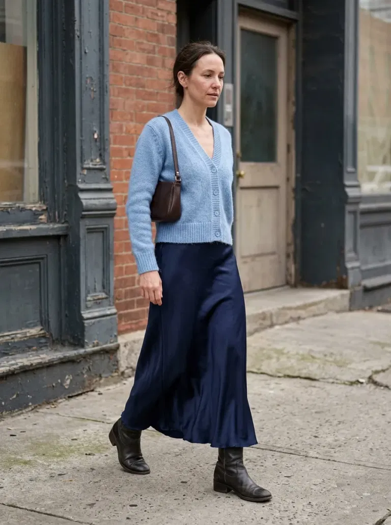 Soft-Blue V-Neck Cardigan with Navy Satin Maxi Skirt