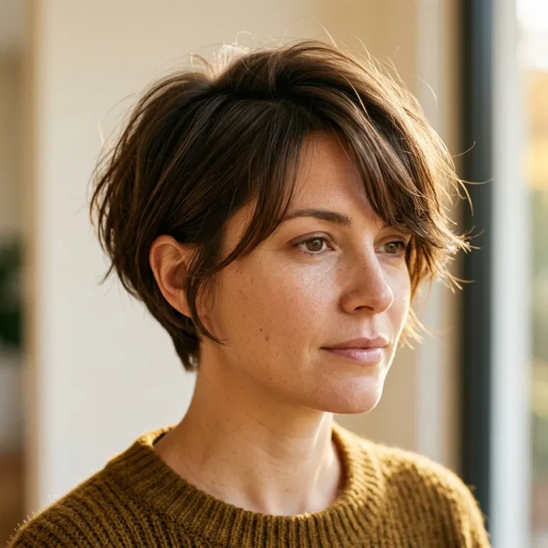 Woman wearing a side-parted bixie with piecey texture