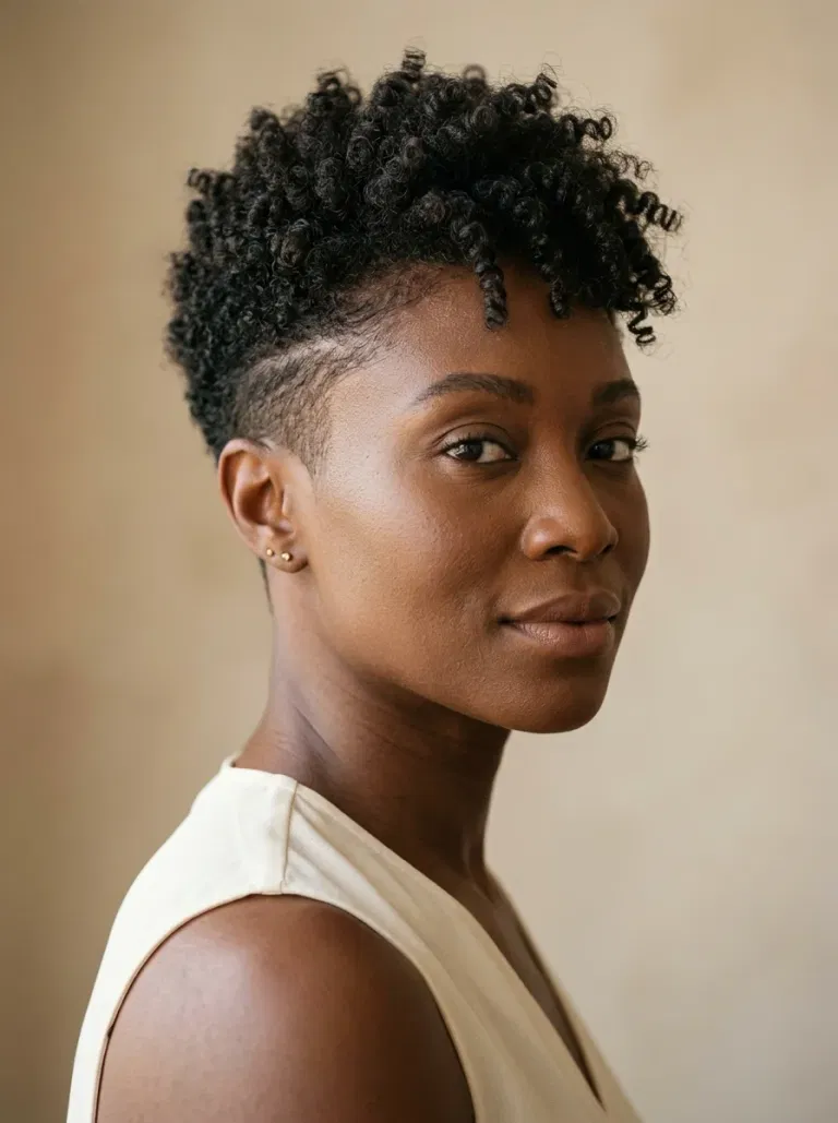 Black woman wearing a tapered curly pixie hairstyle
