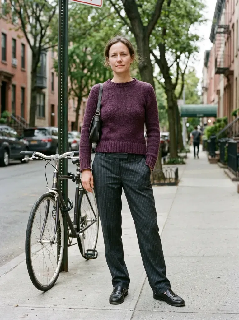 Plum Fitted Knit Sweater with Charcoal Pinstripe Trousers