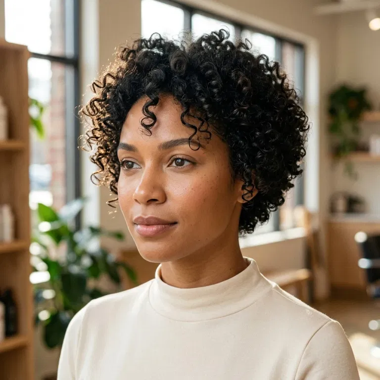 Woman wearing a rounded curly crop with soft volume at the crown