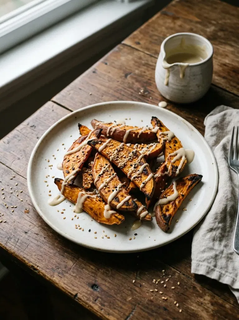Garlic Tahini Roasted Sweet Potatoes