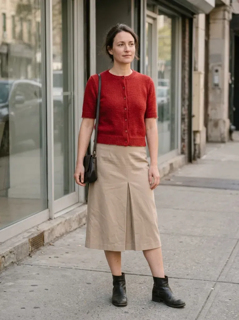 Red Short-Sleeve Buttoned Cardigan with Beige Tailored Midi Skirt