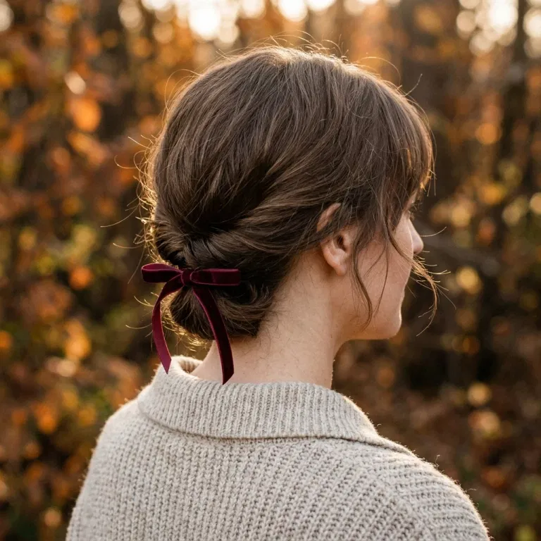 Short bob styled in a low twist with a velvet ribbon