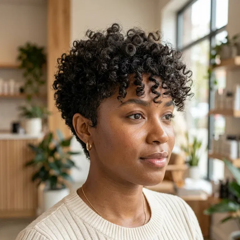 Black woman wearing a curly pixie haircut with a soft fringe