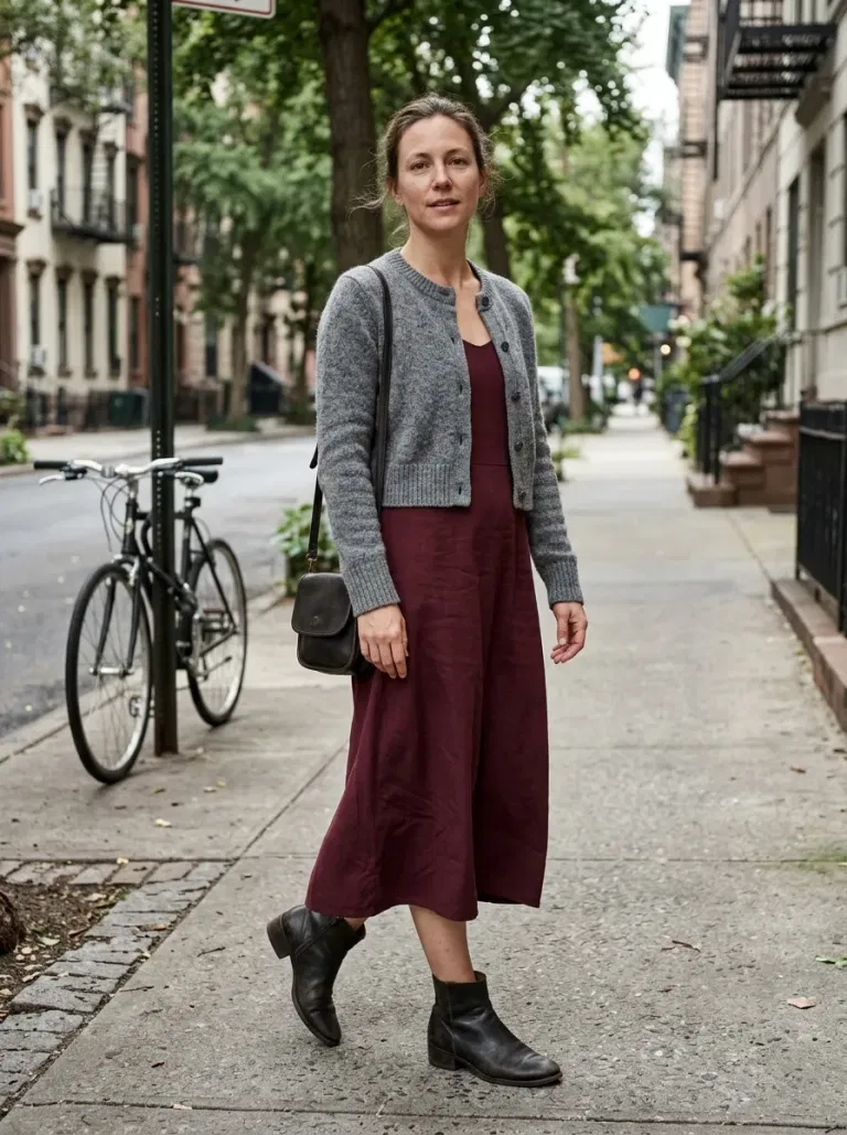 Grey Cropped Cardigan with Burgundy Sleeveless Midi Dress
