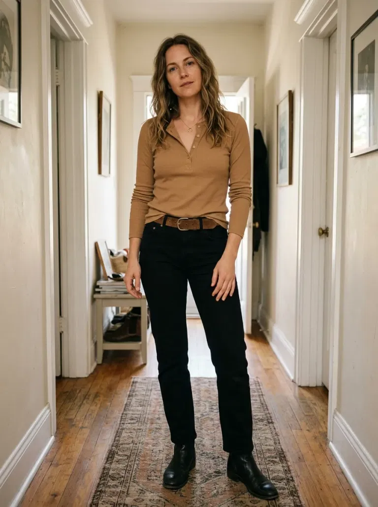 Camel Henley and Straight Black Denim