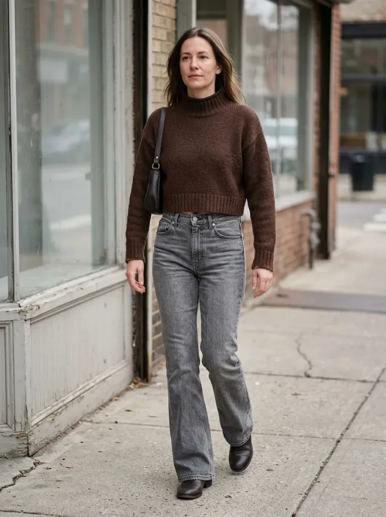 Chocolate Cropped Mock-Neck Sweater with High-Rise Grey Flared Jeans
