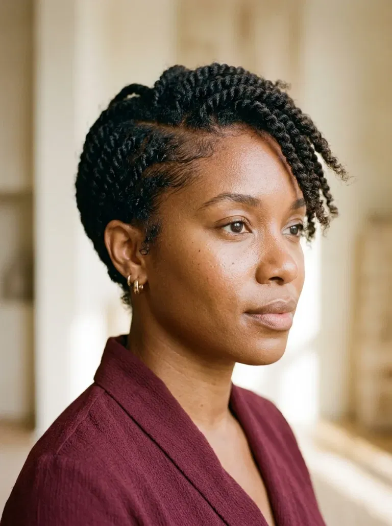 Black woman wearing a soft mini-twist pixie with a side part