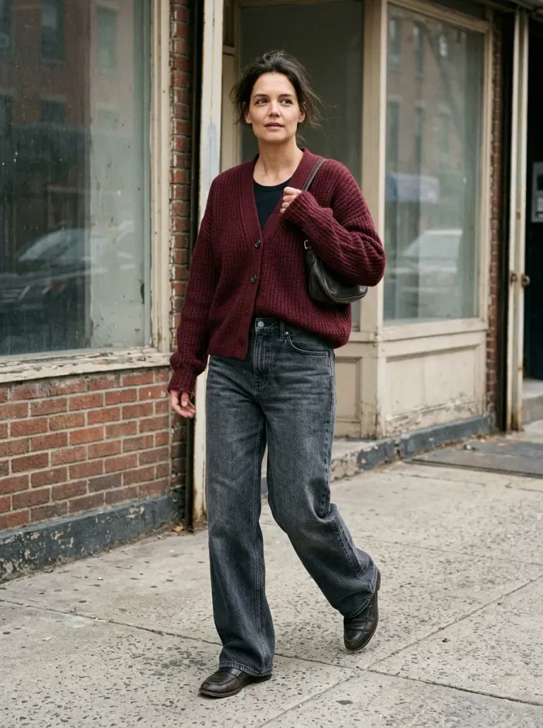 Burgundy Relaxed Cardigan with Charcoal Wide-Leg Jeans
