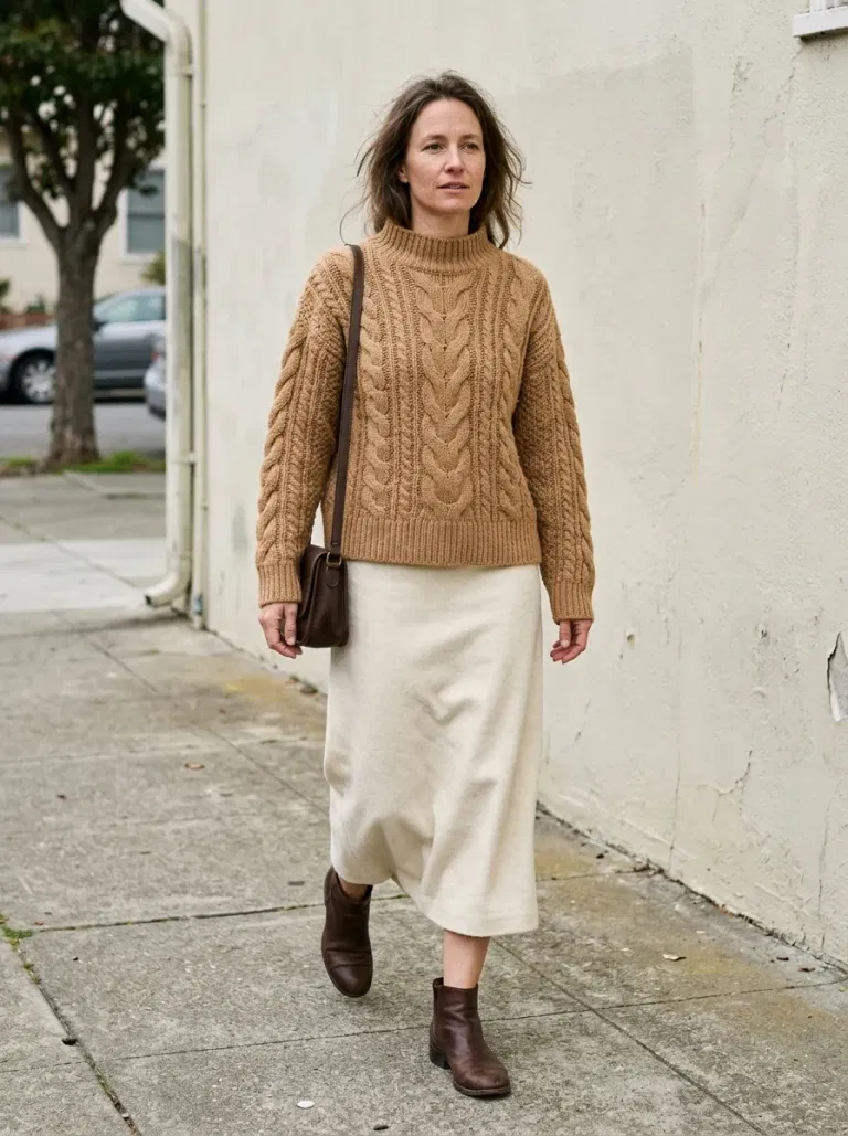Camel Cable-Knit Sweater with Cream Wool Midi Skirt