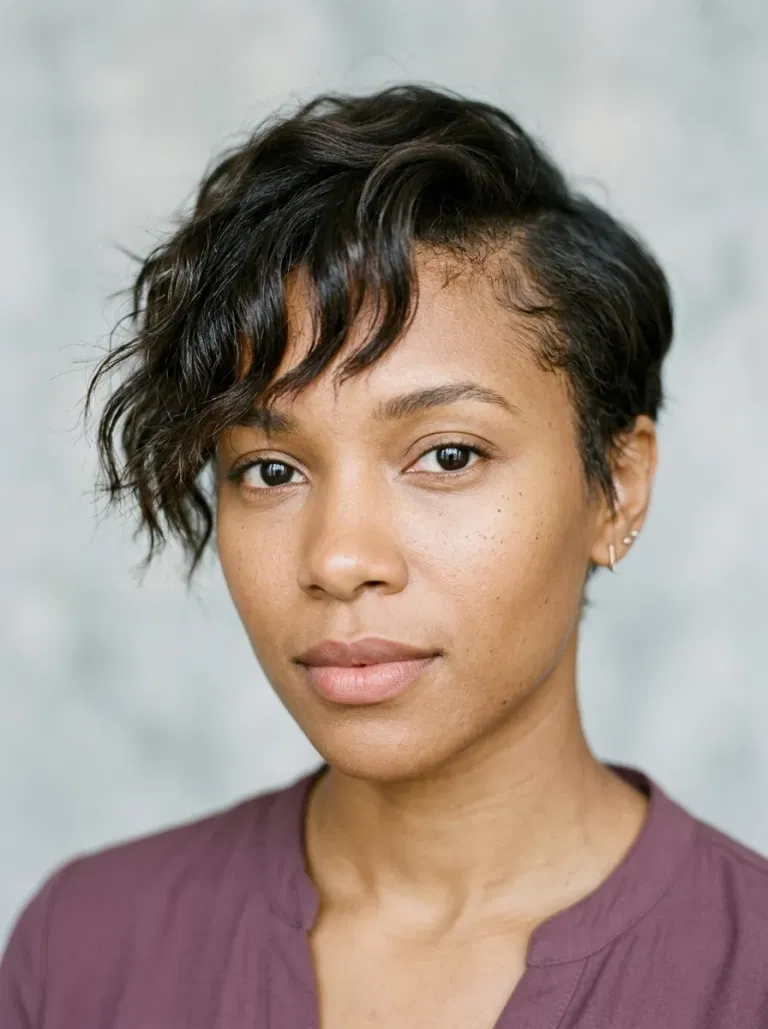 Black woman wearing a wavy fringe pixie hairstyle