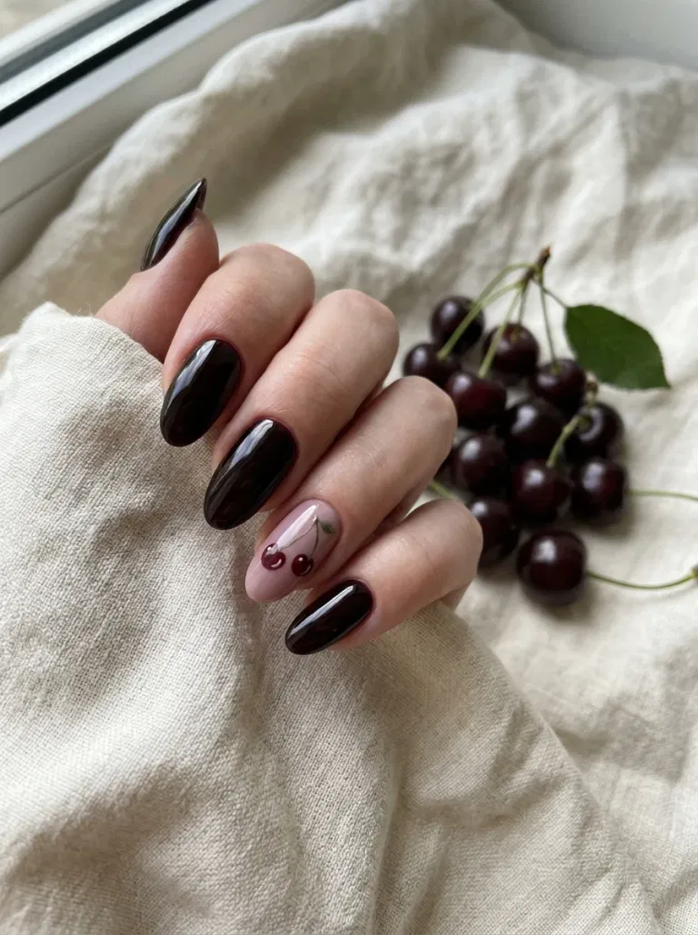 Black Cherry and Tiny Cherries nail design