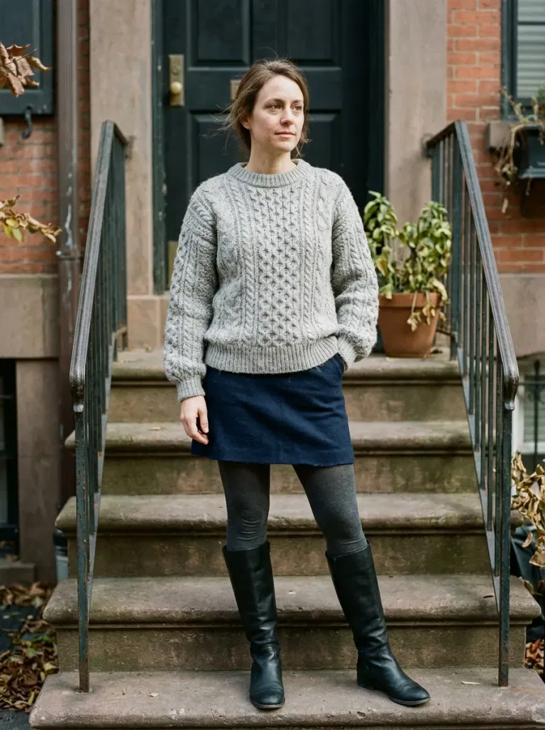 Dove-Grey Cable Sweater with Navy Wool Mini Skirt