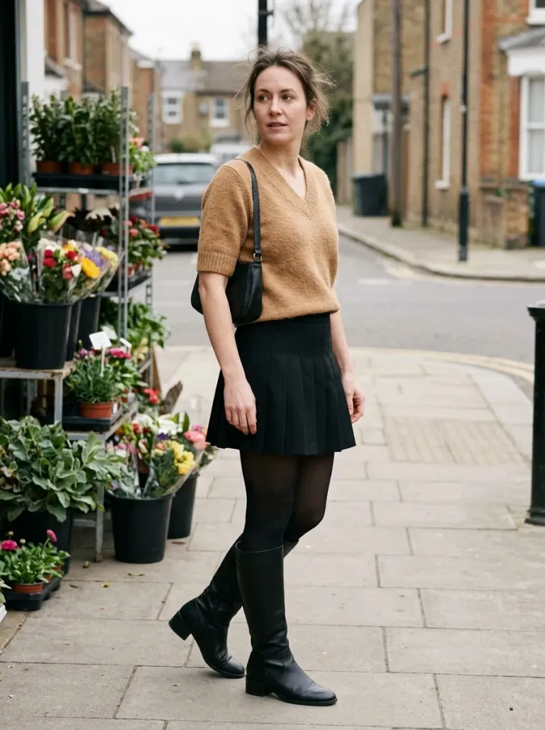 Camel Short-Sleeve V-Neck Sweater with Black Pleated Mini Skirt