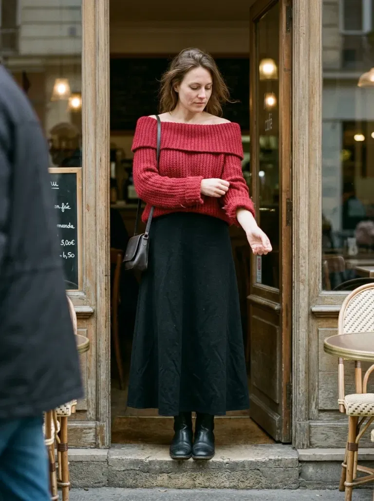 Red Off-The-Shoulder Folded-Neck Sweater with Black Wool Maxi Skirt