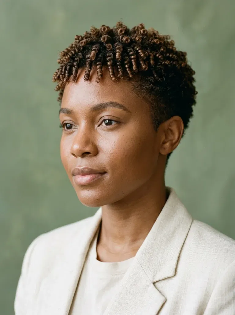 Black woman wearing a finger-coiled coily pixie hairstyle