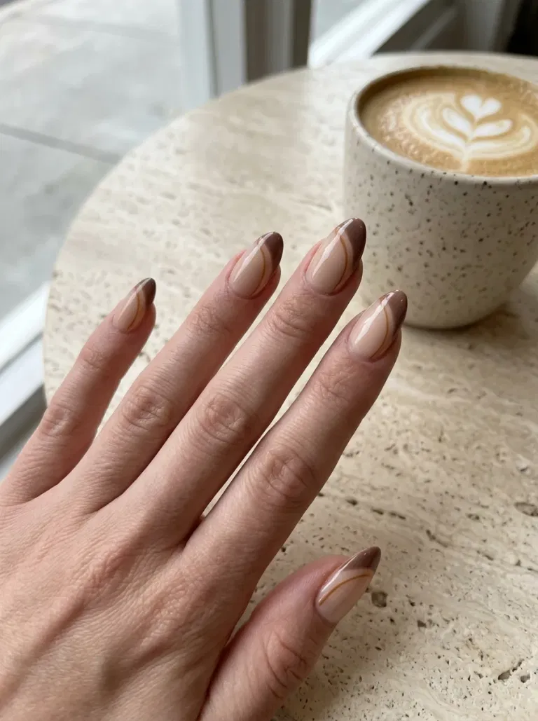 Mocha Side-Swoop French nail design