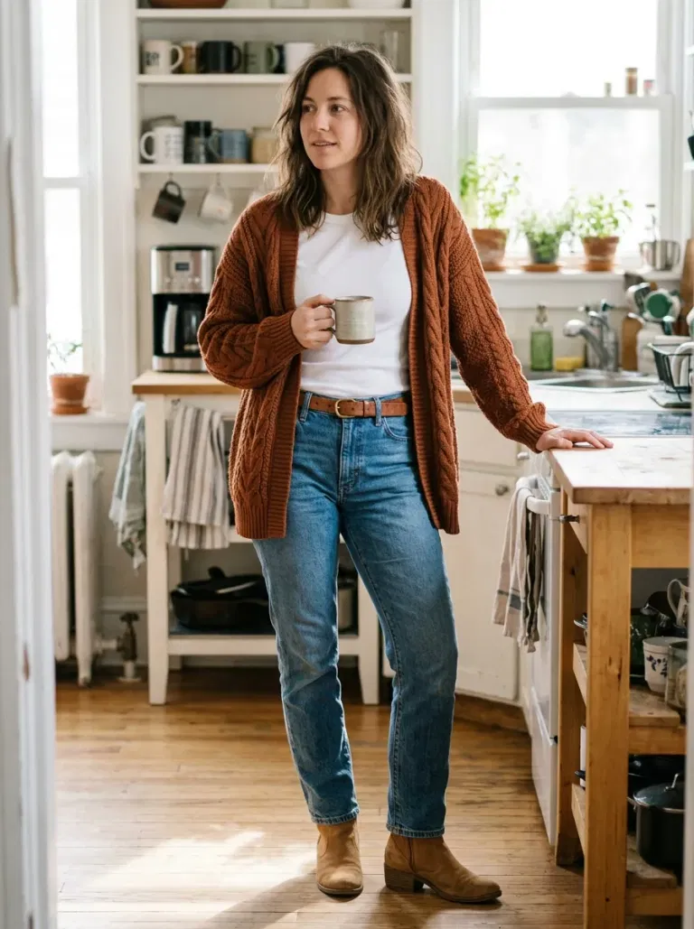Rust Cardigan with Straight Blue Jeans
