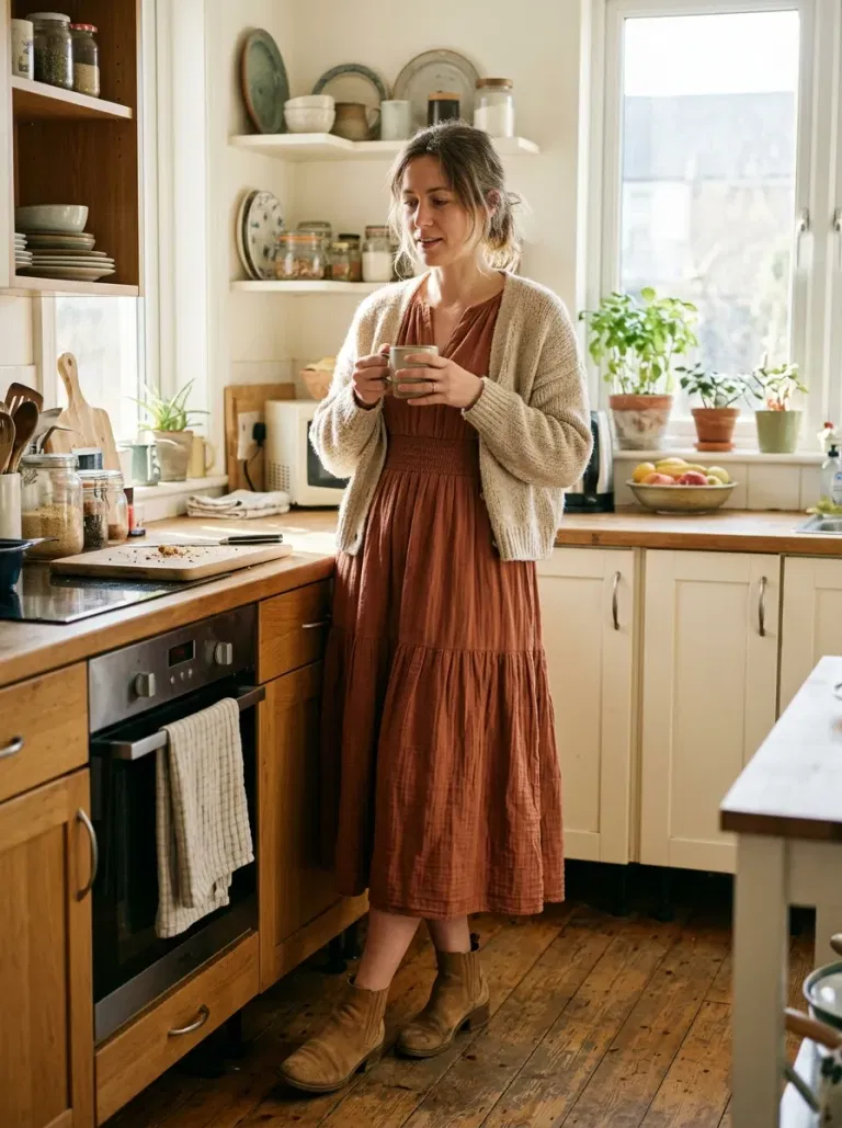Smocked-Waist Rust Midi Dress