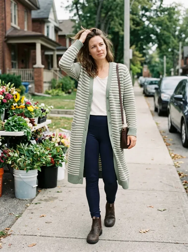Sage-And-Ivory Striped Long Cardigan with Navy Ponte Leggings