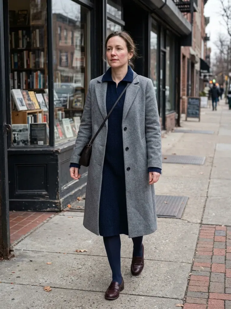 Navy Collared Sweater Dress with Grey Tailored Coat