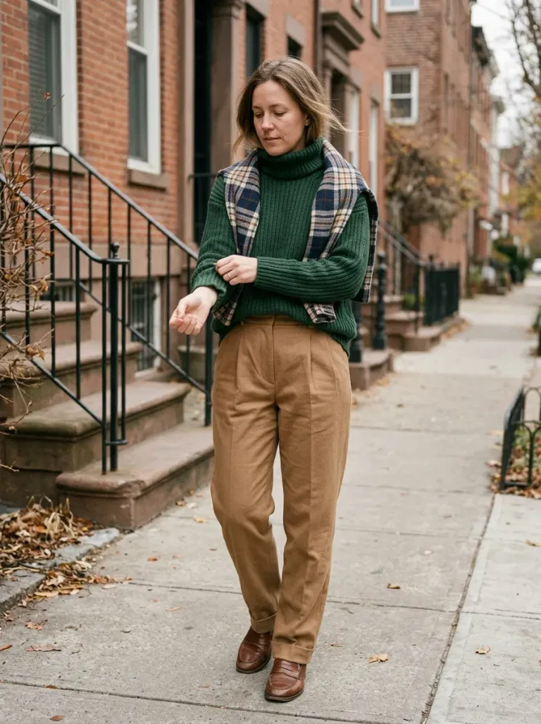 Forest-Green Ribbed Turtleneck Sweater with Camel Pleated Trousers