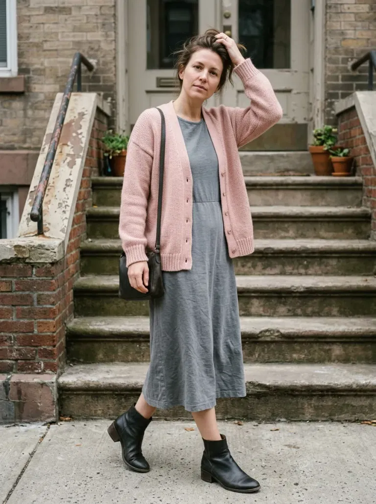 Ballet-Pink Cardigan with Grey Sleeveless Midi Dress