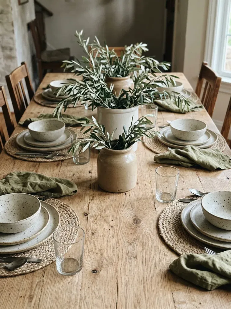 Bare Oak with Stoneware and Olive Branches