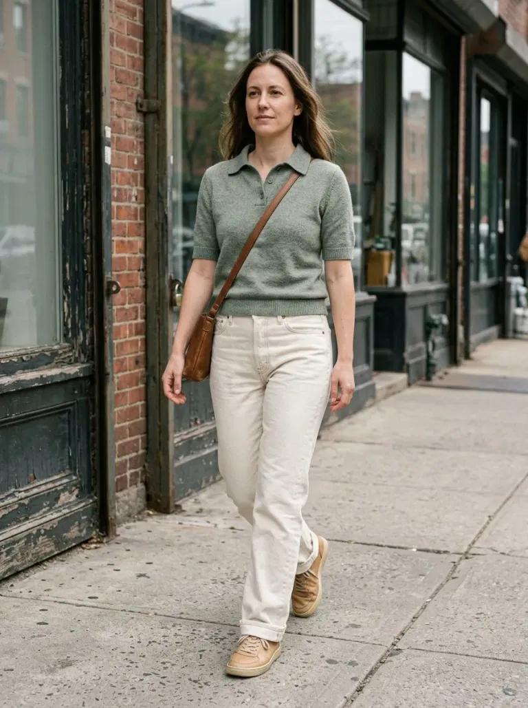 Sage Short-Sleeve Polo Sweater with Ecru Straight Jeans
