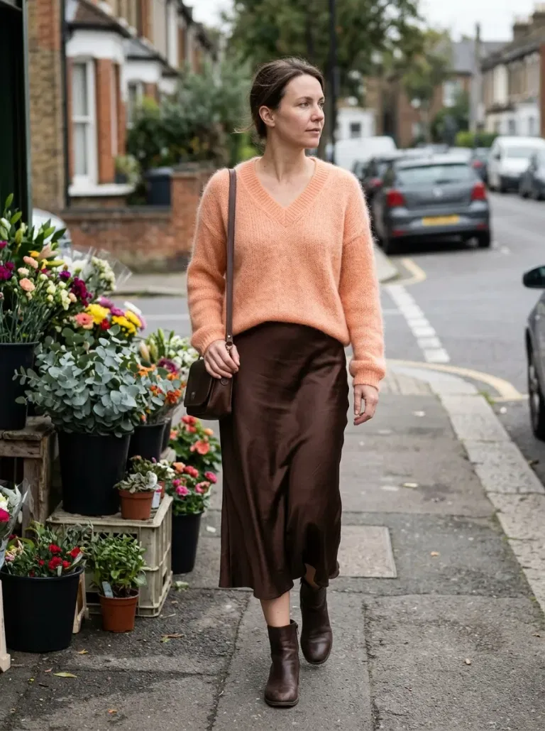 Peach Fuzzy V-Neck Sweater with Chocolate Satin Midi Skirt