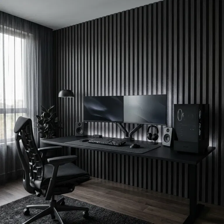 Black dual-monitor gaming setup against a charcoal slat wall