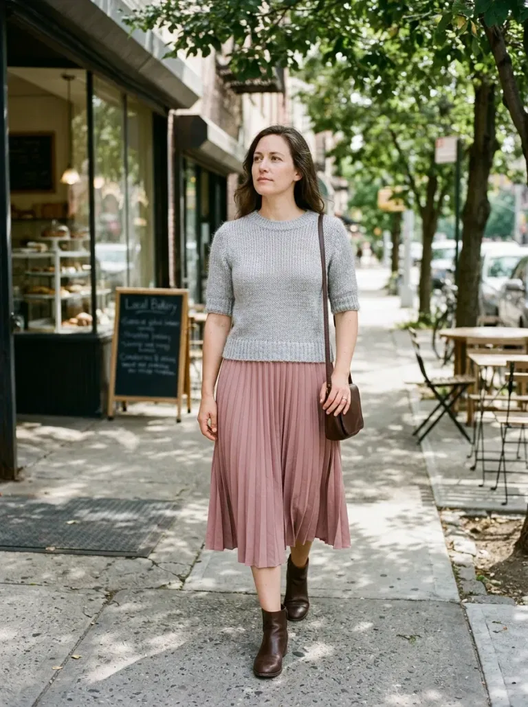 Silver-Grey Short-Sleeve Sweater with Dusty-Pink Pleated Midi Skirt