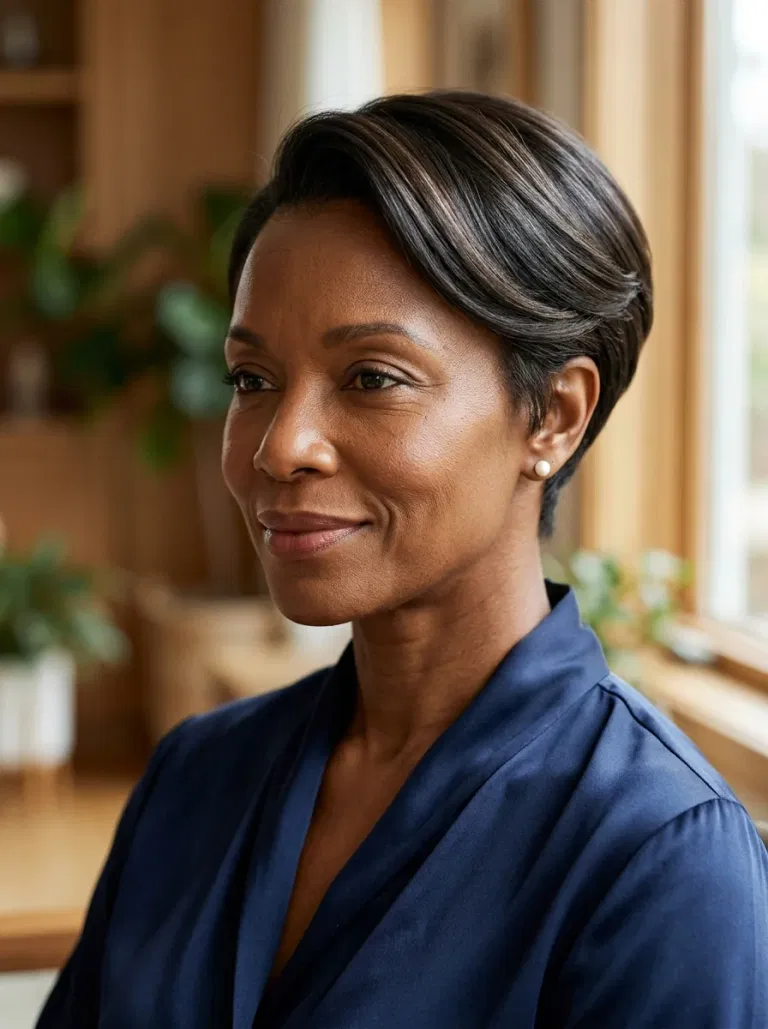 Black woman wearing a wrapped straight pixie wave