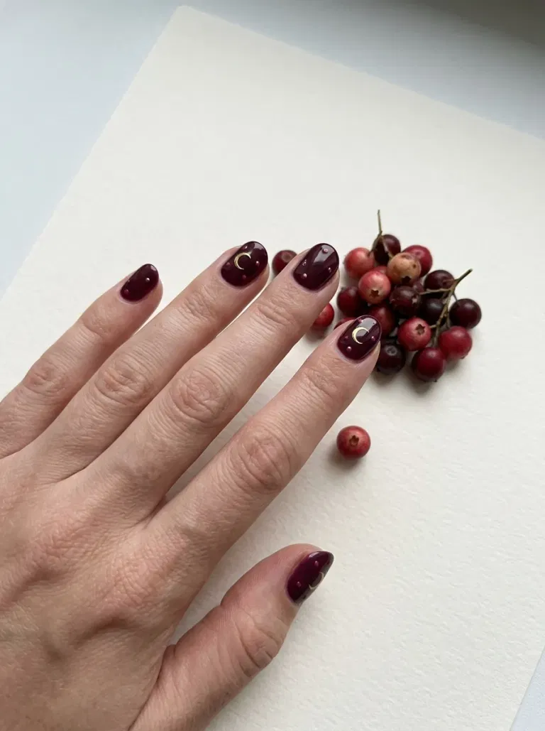Gold Moon and Berry Dots nail design