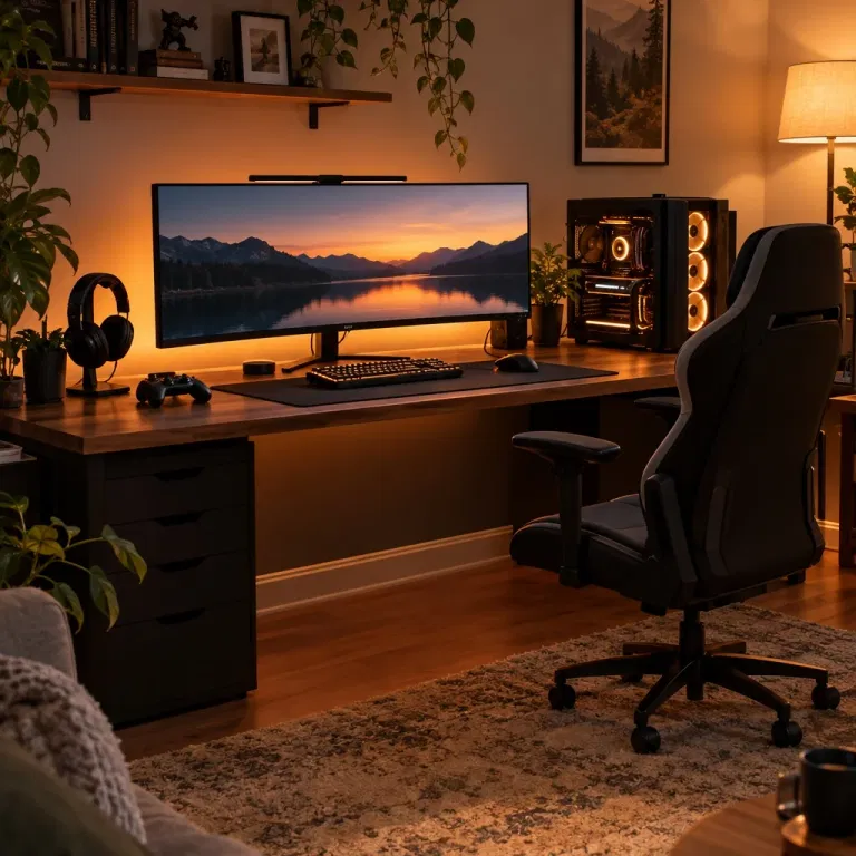 Warm amber-lit gaming desk with wide monitor, desktop PC, and headphones