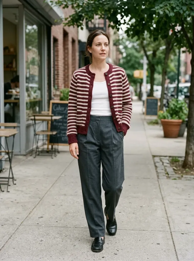 Burgundy-And-Cream Striped Cardigan Sweater with Charcoal Pleated Trousers