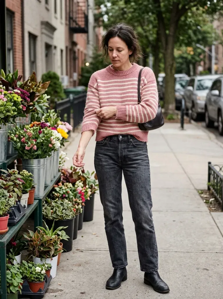 Pink-And-Cream Striped Sweater with Washed-Black Straight Jeans