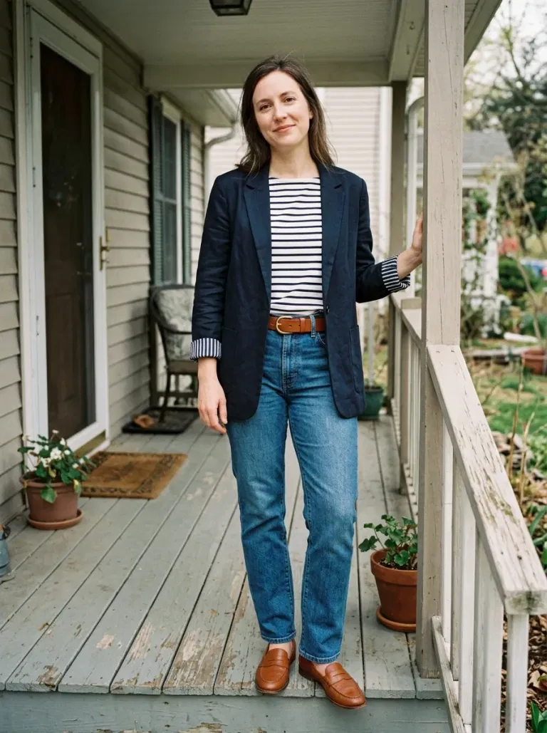 Navy Blazer over a Striped Tee