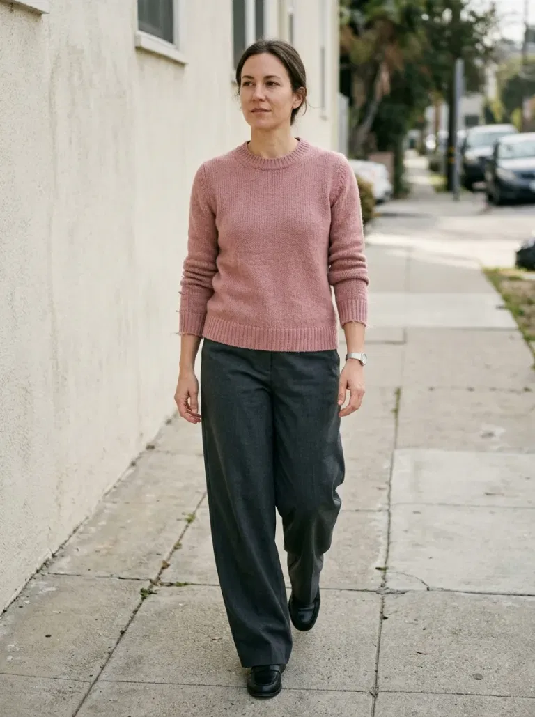 Dusty-Pink Crewneck Sweater with Charcoal Wide-Leg Trousers