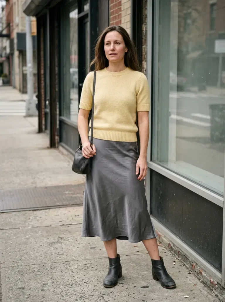 Butter-Yellow Short-Sleeve Sweater with Grey Satin Midi Skirt