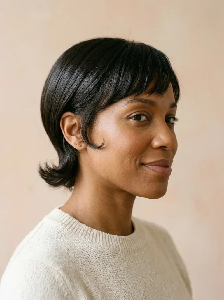 Black woman wearing a straight pixie with flipped ends