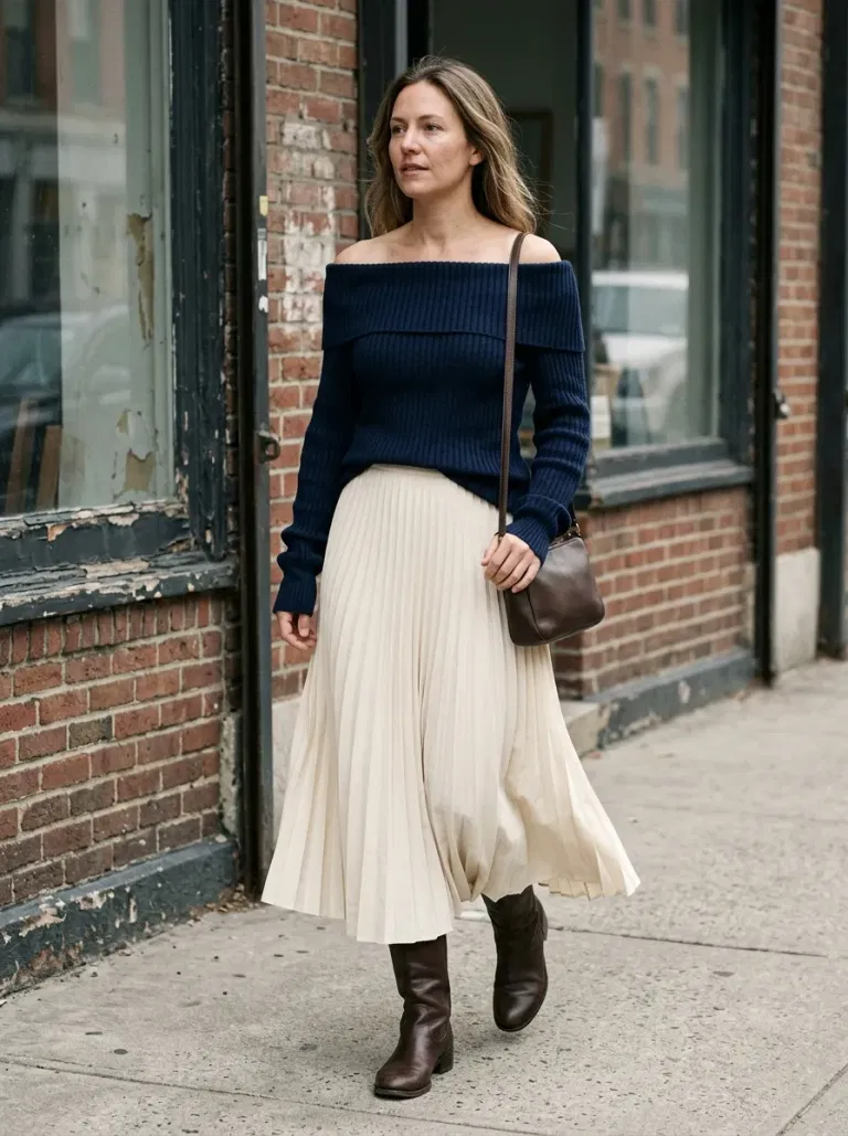Navy Off-The-Shoulder Ribbed Sweater with Cream Pleated Midi Skirt