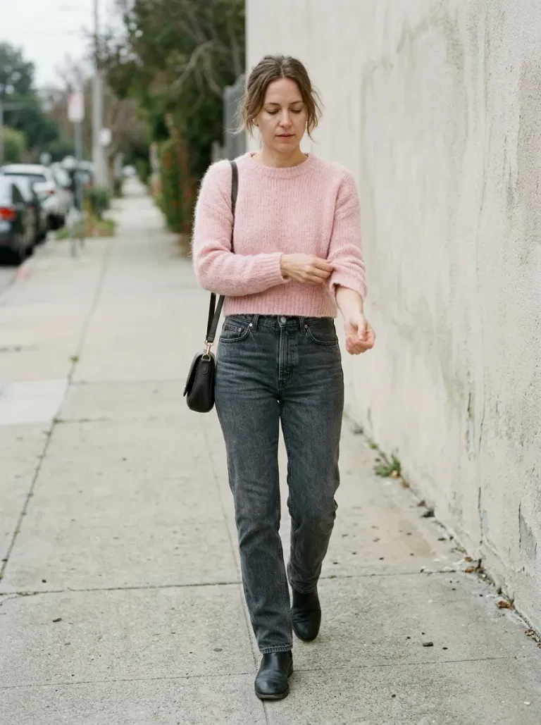 Soft-Pink Cropped Fluffy Sweater with High-Rise Charcoal Straight Jeans