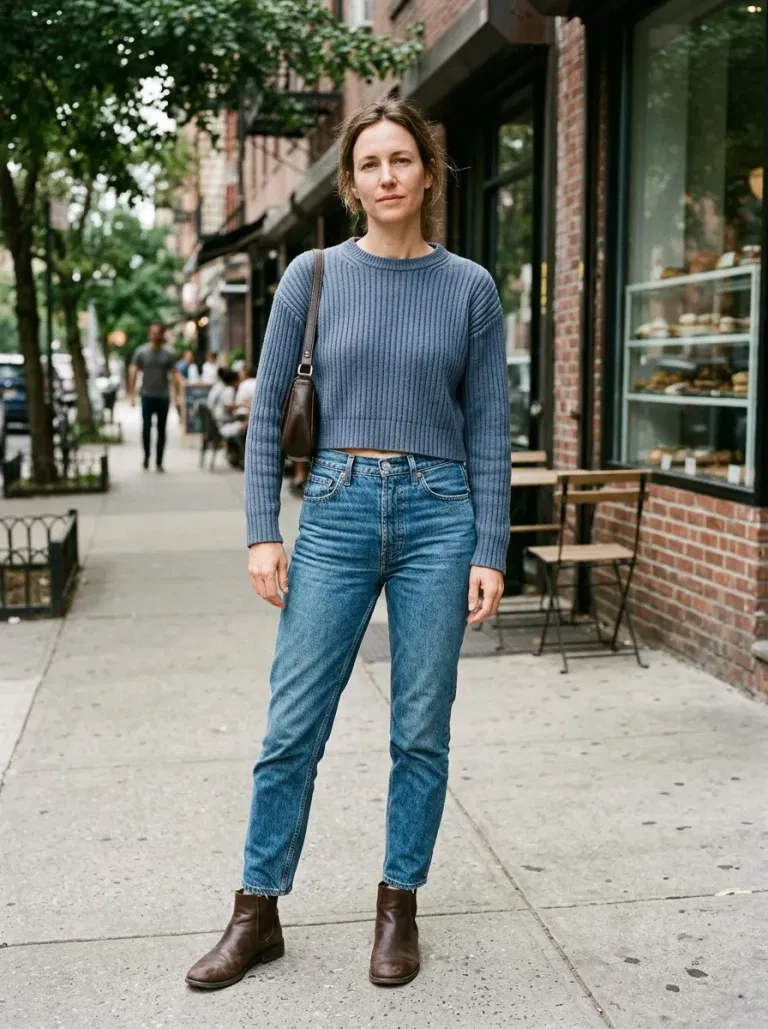 Slate-Blue Cropped Ribbed Sweater with High-Rise Classic Blue Cigarette Jeans