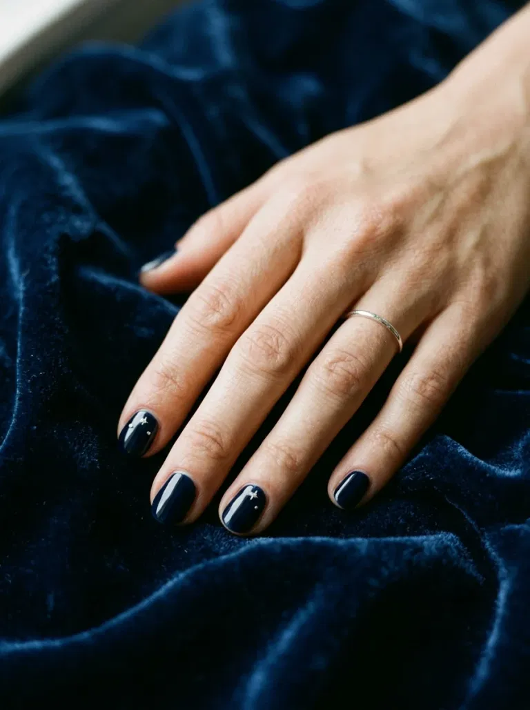 Midnight Navy with Silver Micro-Stars nail design