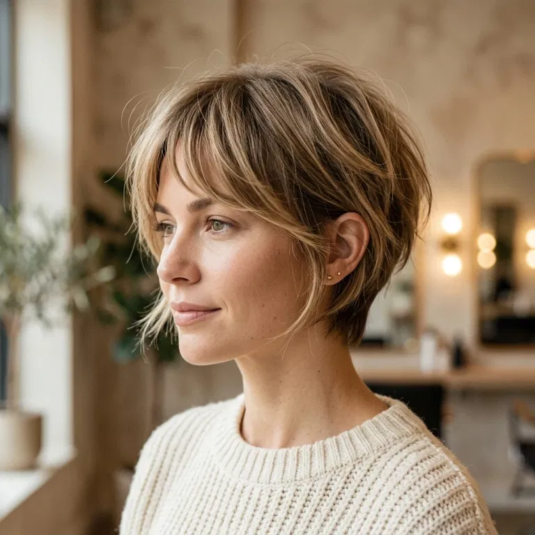 Woman wearing a soft bixie haircut with a feathered crown